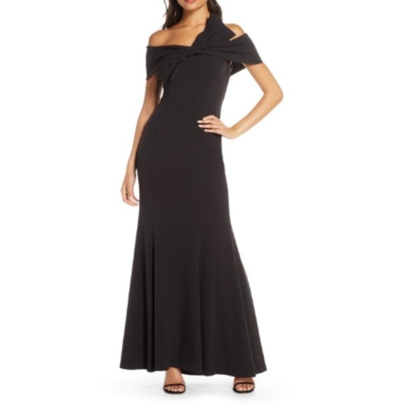 eliza j off the shoulder 3d floral sleeve scuba crepe evening dress